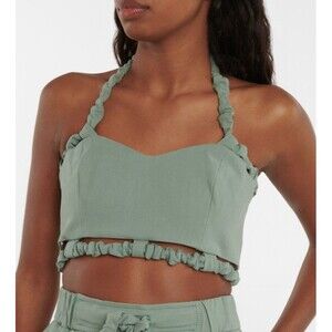 Ganni Cropped Bustier Womens Size‎ 34 Green Ruched Trim Zip Back Boho Festival
